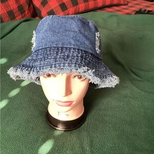 Hat Denim  Distressed Bucket Hat with Frayed Edges